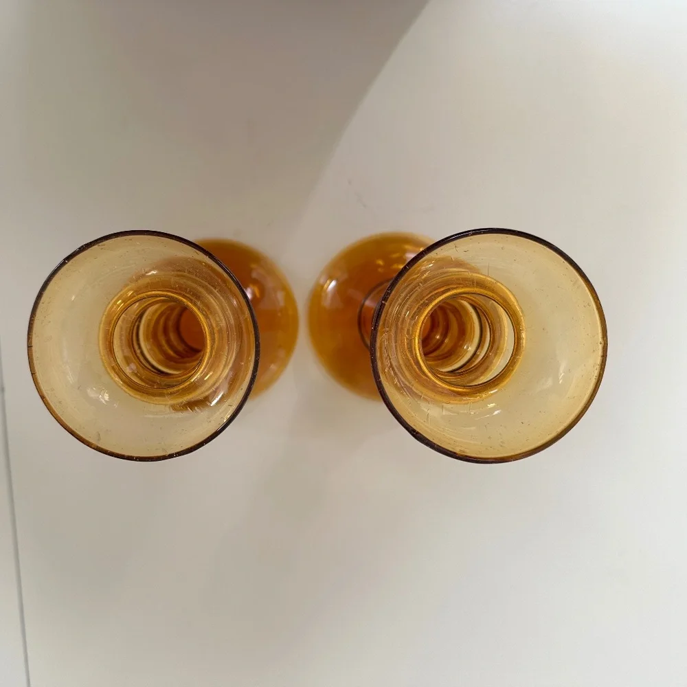 Two Amber Glass Candle Holders for Pillar Candles Handblown Vintage